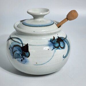 Hand Painted Ceramic Honey Pot With Lid & Wooden Dipper Signed Pottery Vintage